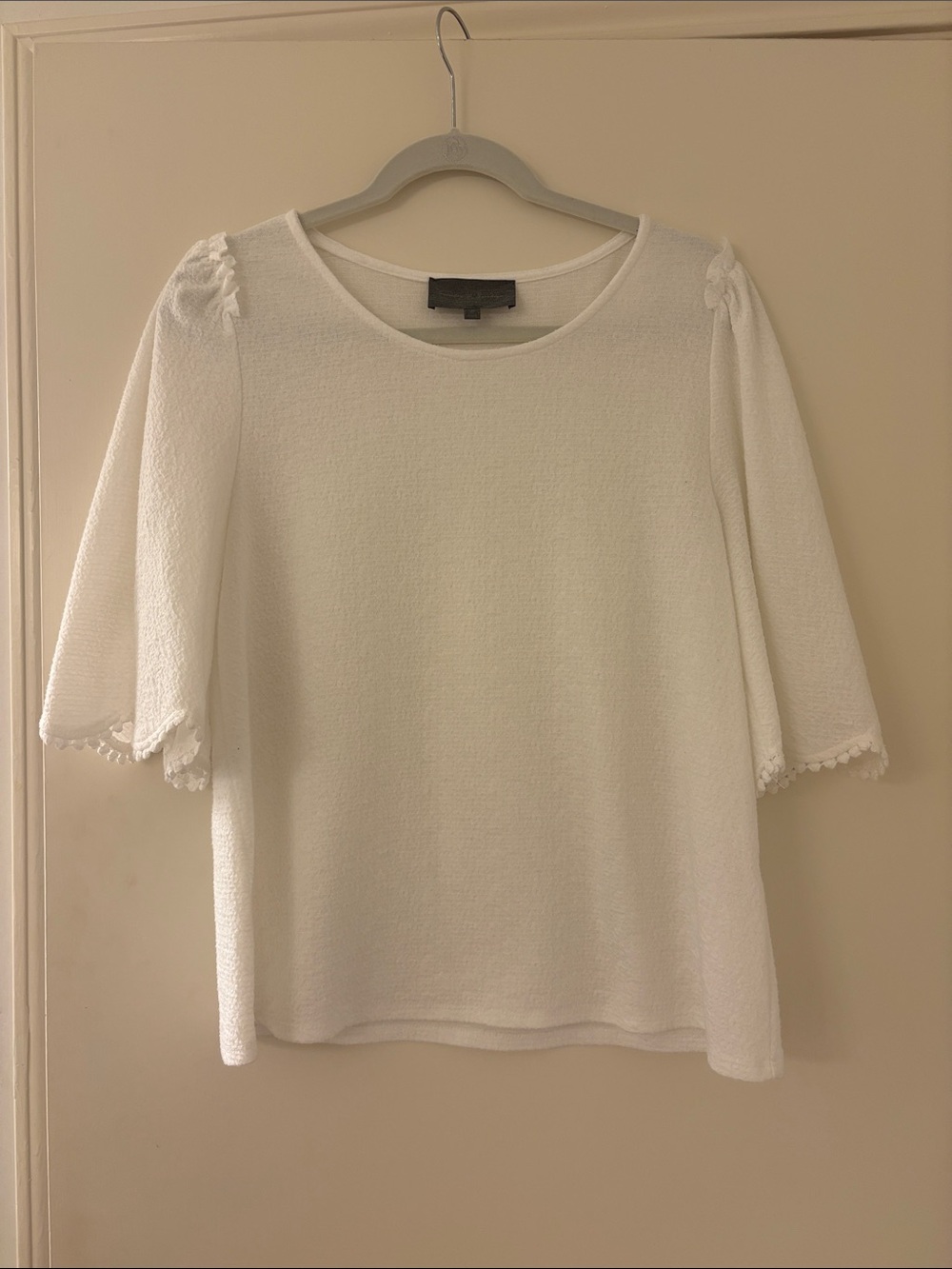 Women's White Scoop Neck Textured Top with Crochet Trim Sleeves